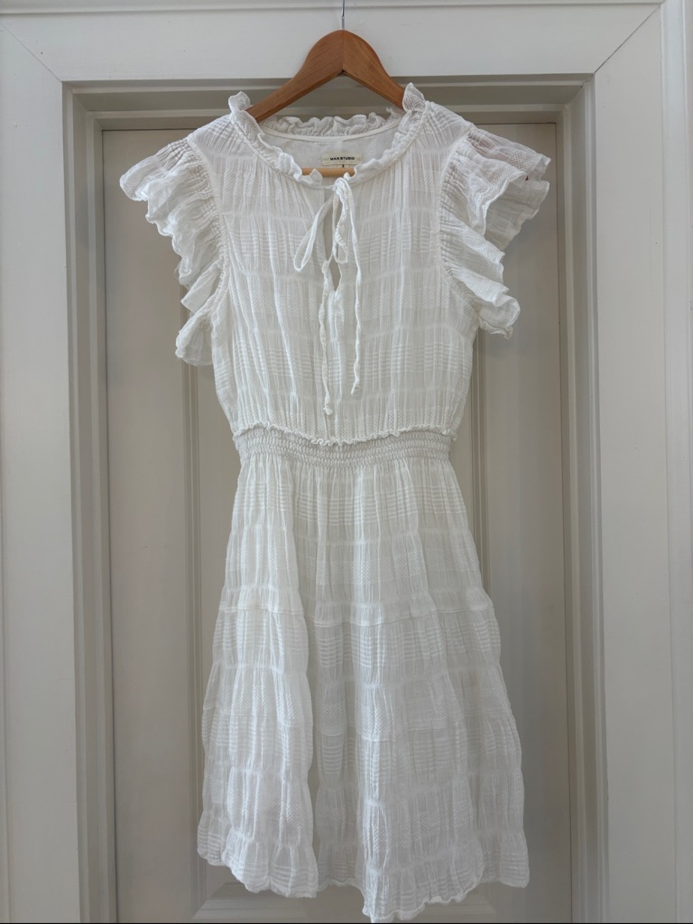 Beachy Vacation Mini Dress, White Ruffled Sleeve, Max Studio, Size S